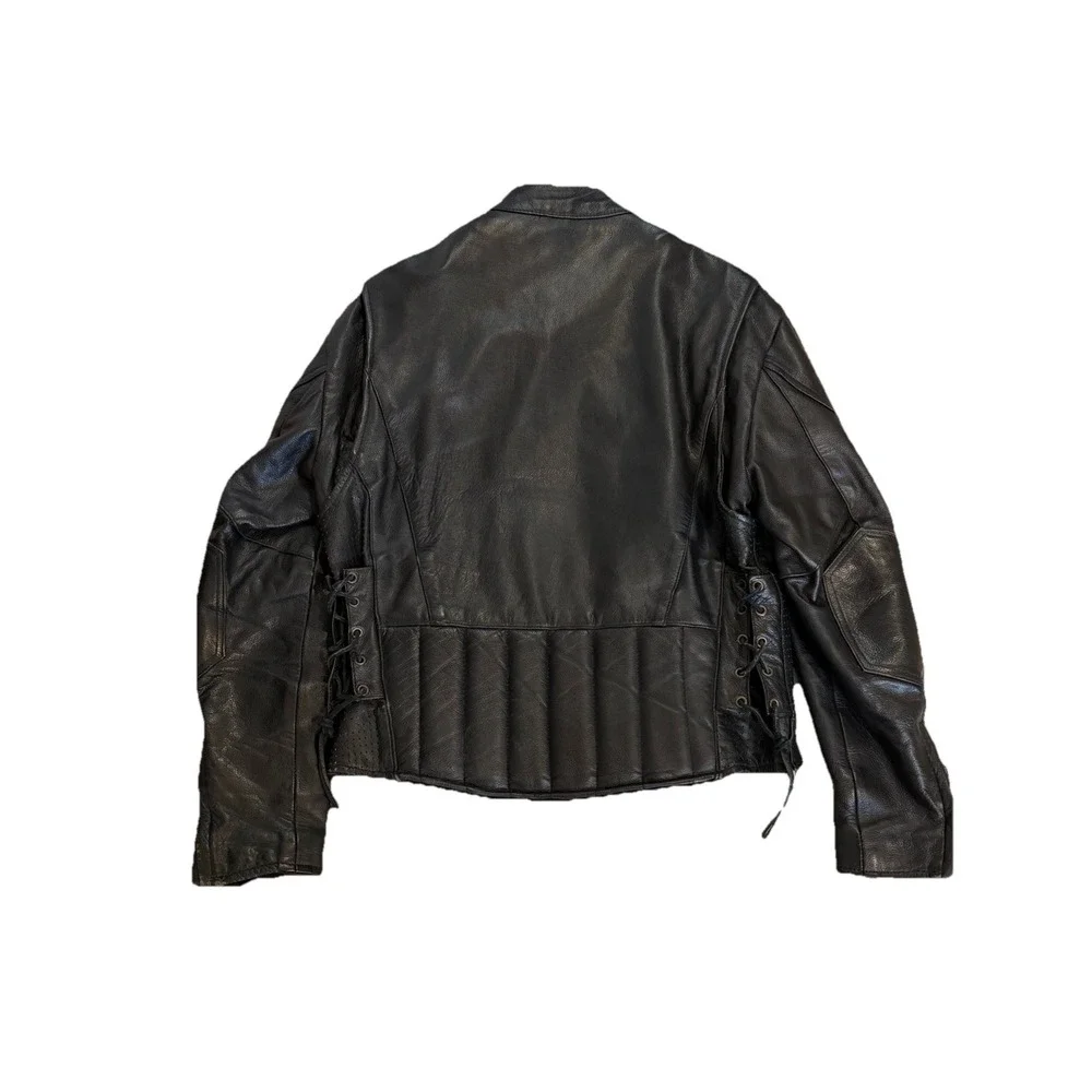 Vintage Motorcycle Leather Jacket Size Small Black Lace‎ Up Sided